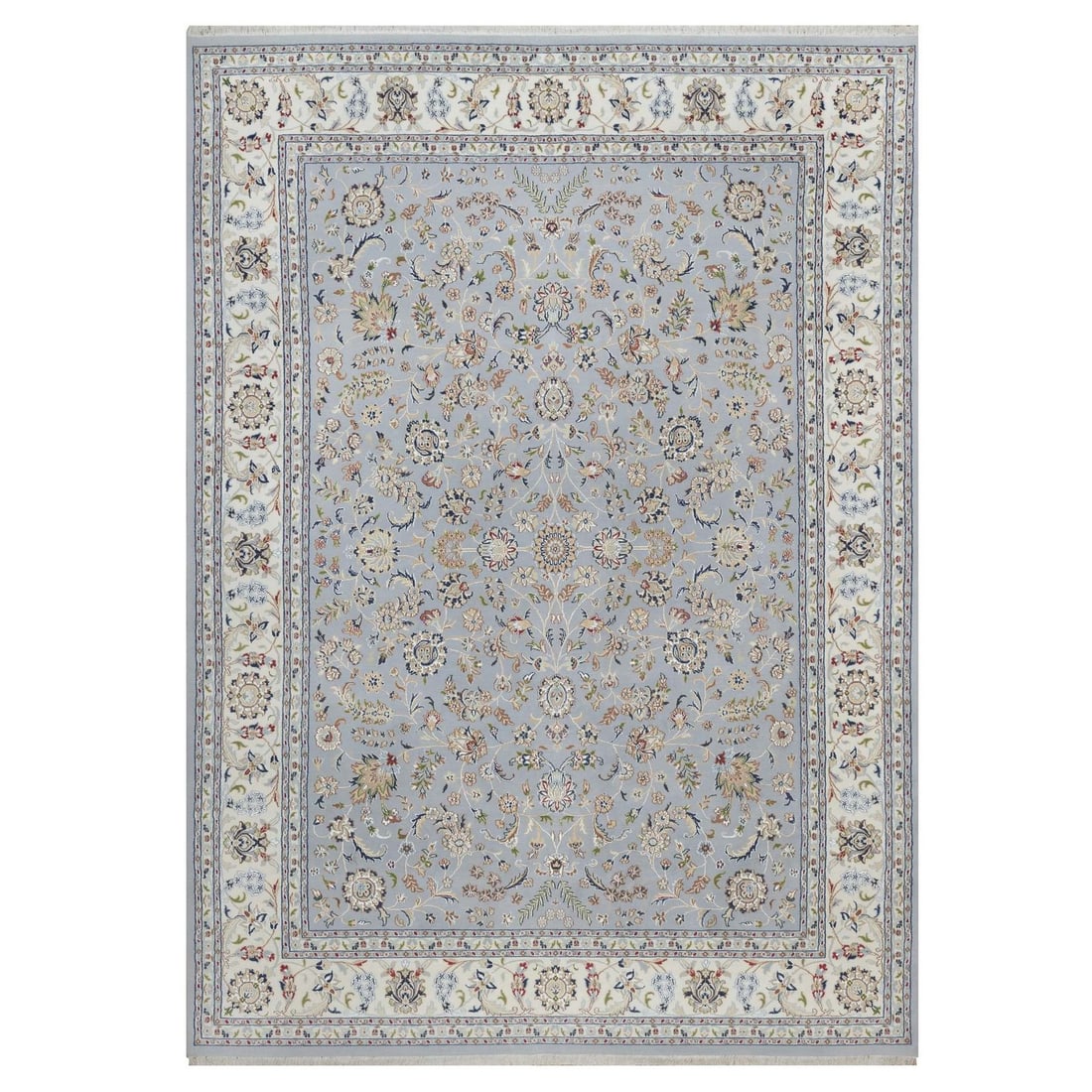Hand knotted wool silk rug blue floral design nain eight point nine by twelve point two: Hand knotted wool silk rug blue floral design nain eight point nine by twelve point two Hand-knotted with wool and silk, this stunning blue floral design rug boasts an all-over regional pattern charac