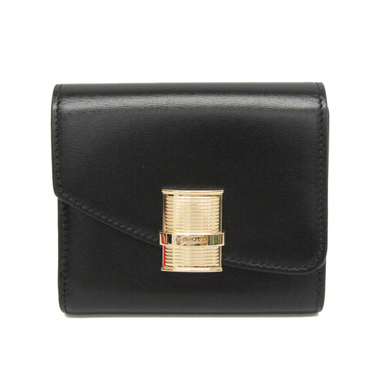 Salvatore Ferragamo Wallet (Tri-Fold) Leather: Salvatore Ferragamo Wallet (Tri-Fold) Leather Black leather tri-fold wallet with snap fastener closure and multiple inner pockets for organization. This Salvatore Ferragamo wallet features a classic