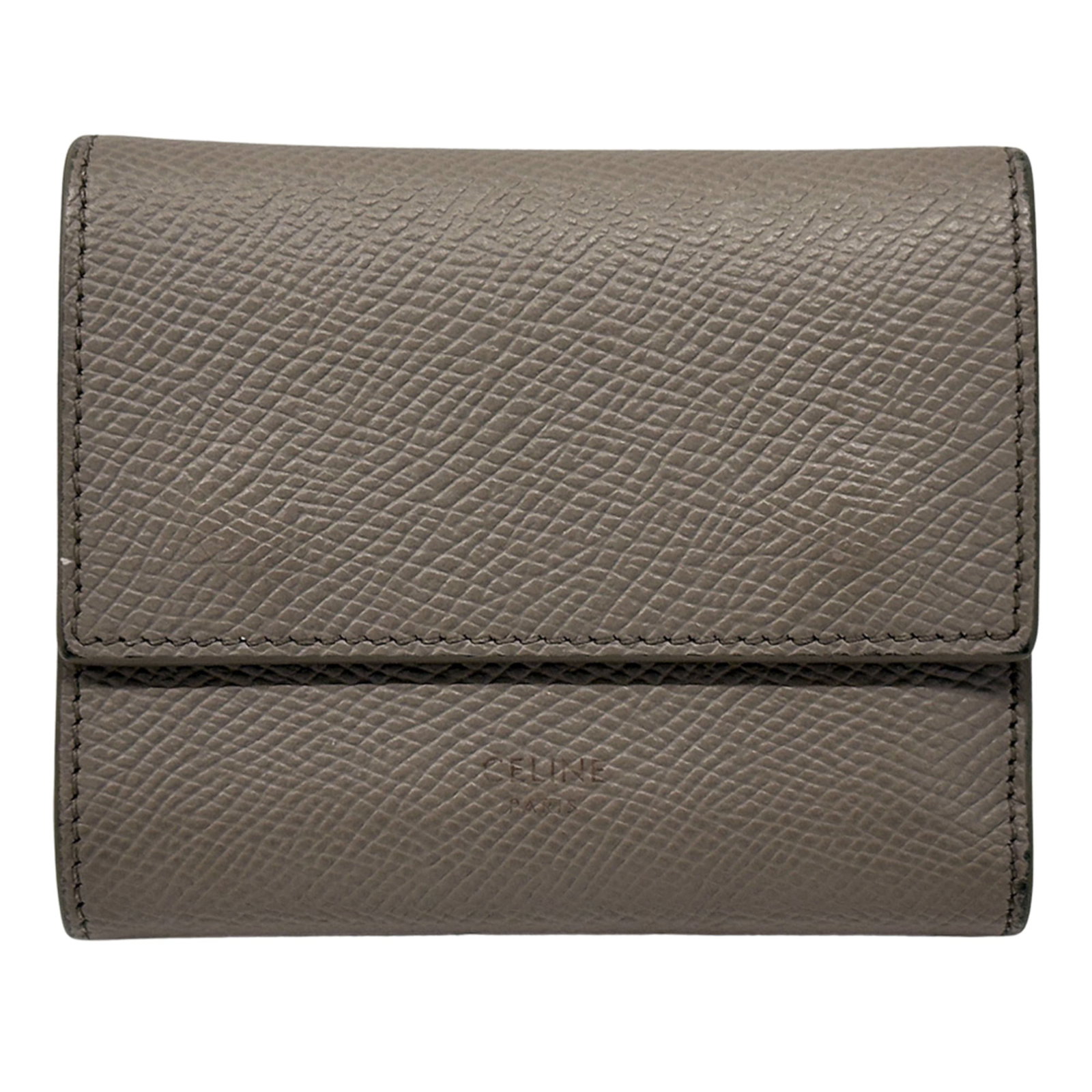 Celine Wallet (Tri-Fold) Leather: Celine Wallet (Tri-Fold) Leather The Celine Tri-Fold Leather Wallet features a sleek gray leather design with obvious traces of usage. With its compact size and tri-fold layout, this wallet provides a