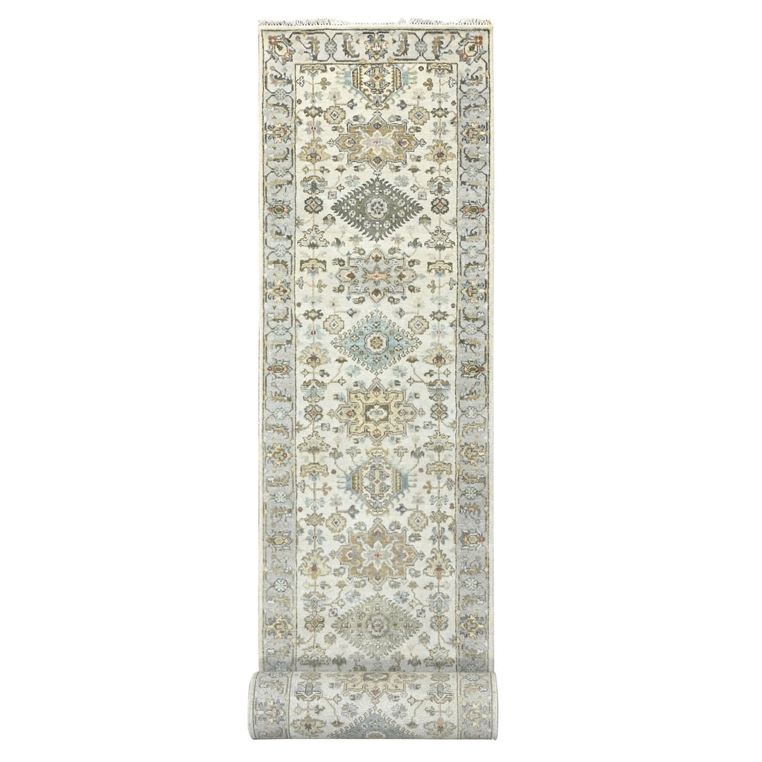 Karajeh Design Ivory Shiny Wool Hand Knotted 2'9" X 17'10" Runners Rug: Karajeh Design Ivory Shiny Wool Hand Knotted 2'9" X 17'10" Runners Rug The Karajeh Design Ivory Shiny Wool Hand Knotted Runner Rug boasts an impressive size of 2'9" x 17'10", making it a statement pie