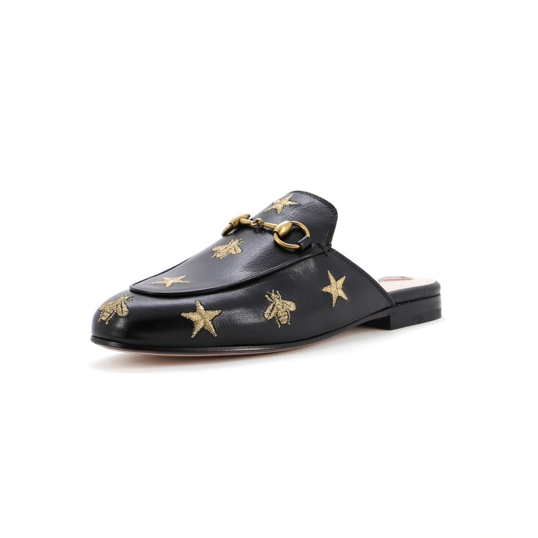 Gucci Embroidered Women Princetown Leather Mules: Gucci Embroidered Women Princetown Leather Mules Black Gucci embroidered leather mules with neutral and red interior, featuring aged gold hardware. Excellent condition with light wear throughout,