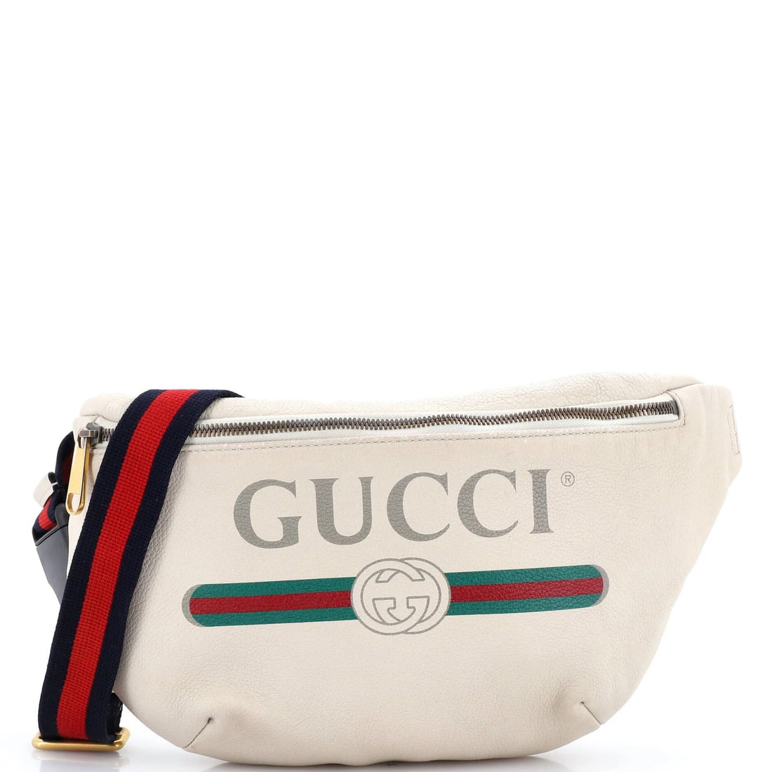 Gucci leather bag with printed logo belt medium: Gucci leather bag with printed logo belt medium Gucci leather bag with printed logo belt in neutral color features a medium size and scuffed exterior. The bag's interior is lined with neutral fabric,