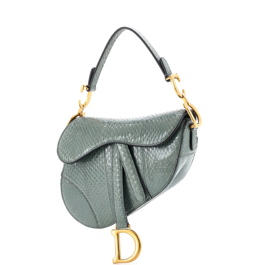 Saddle Handbag Python Mini by Christian Dior: Saddle Handbag Python Mini by Christian Dior The Saddle Handbag Python Mini by Christian Dior boasts a striking green exterior with python skin, featuring top handle and minor creases. With suede inte