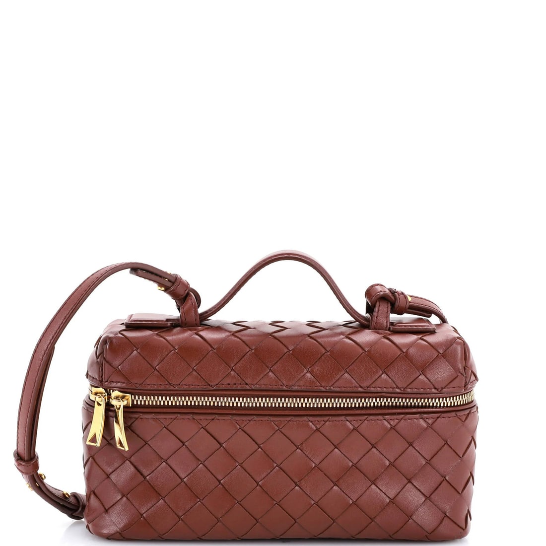 Intrecciato Leather Bang Case Vanity Bottega: Intrecciato Leather Bang Case Vanity Bottega The Bottega Veneta Intrecciato Leather Bang Case Vanity Bag features a rich brown exterior with intricate interwoven leather details. Measuring approximate