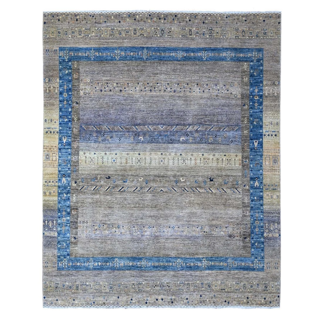 Battleship Gray Fine Hand Knotted Kashkuli Gabbeh 7'10"x9'9" Oriental Rug: Battleship Gray Fine Hand Knotted Kashkuli Gabbeh 7'10"x9'9" Oriental Rug Battleship Gray Fine Hand Knotted Kashkuli Gabbeh Rug boasts a stunning rectangular field of soft, battleship gray wool in a
