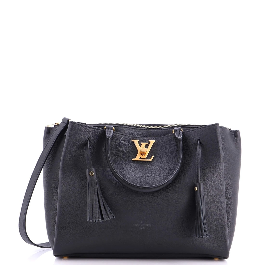 Louis Vuitton Leather Lockmeto Handbag: Louis Vuitton Leather Lockmeto Handbag The Louis Vuitton Lockmeto Handbag boasts sleek black leather exterior with minor scuffs and creases, while its interior features a light odor and microfiber
