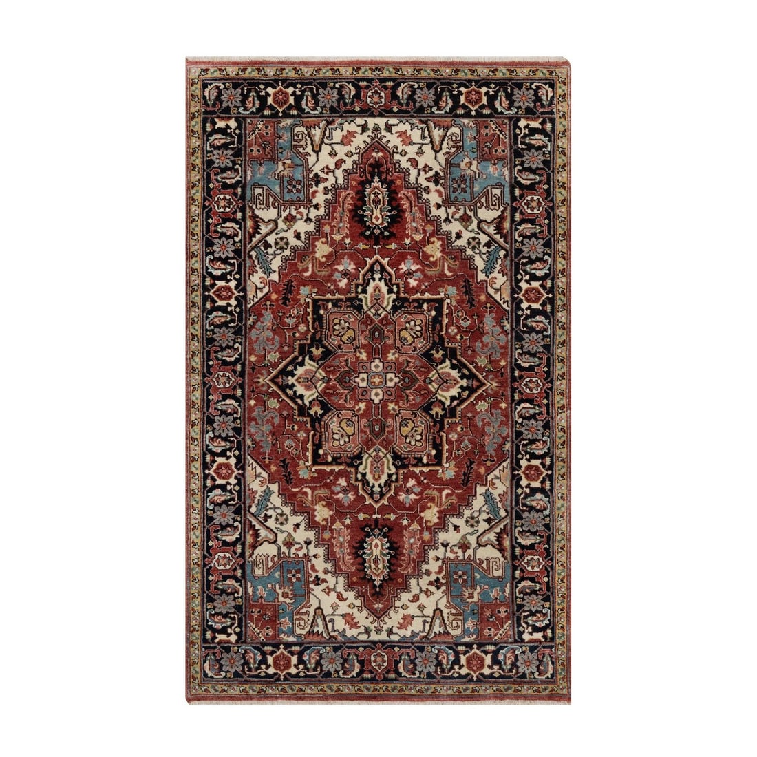 Berry Red Hand Knotted Soft Wool Rug Heris Re Creation: Berry Red Hand Knotted Soft Wool Rug Heris Re Creation Soft underfoot and rich in color, this hand-knotted wool rug boasts a stunning medallion pattern in shades of red, green, yellow, blue, brown,