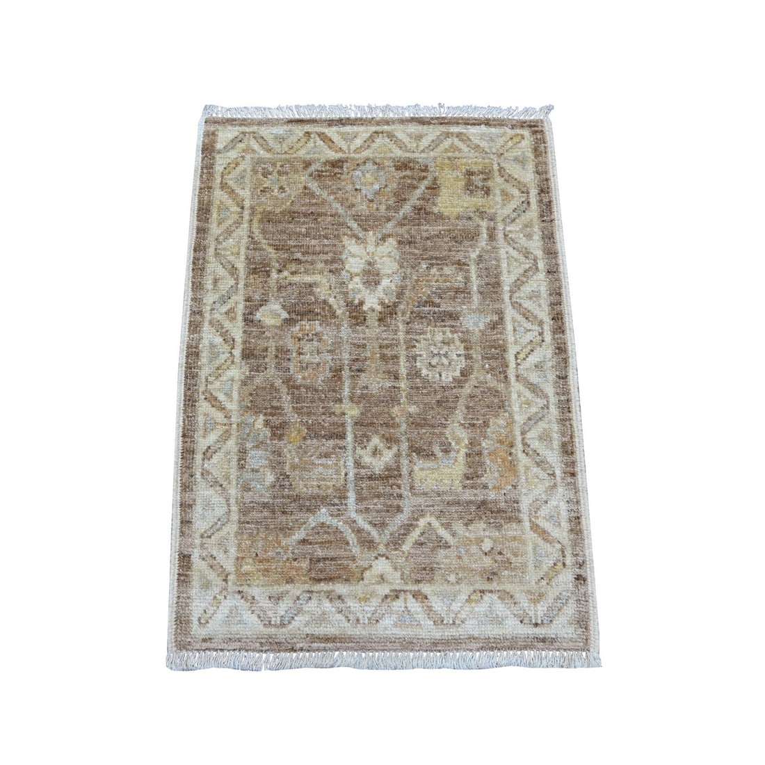 Pure Wool Oushak Hand Knots Afghan Mat Brown Oriental Rug (1 of 6)