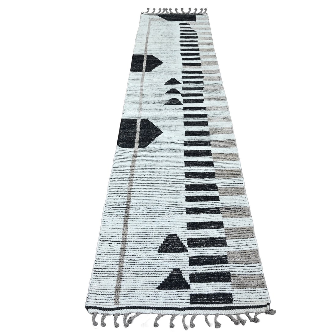 Strict rules apply White Geometric Moroccan Weave Hand Knotted Wool Runner Rug: Strict rules apply White Geometric Moroccan Weave Hand Knotted Wool Runner Rug This stunning White Geometric Moroccan Weave Hand Knotted Wool Runner Rug boasts intricate geometric patterns and a soft 
