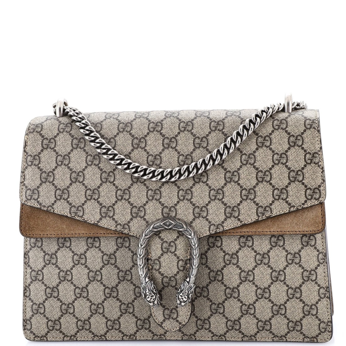 Gucci Bag Coated Canvas Dionysus Medium: Gucci Bag Coated Canvas Dionysus Medium The Gucci Bag Coated Canvas Dionysus Medium features a striking brown exterior with GG coated canvas and suede interior. With its medium size and aged silver