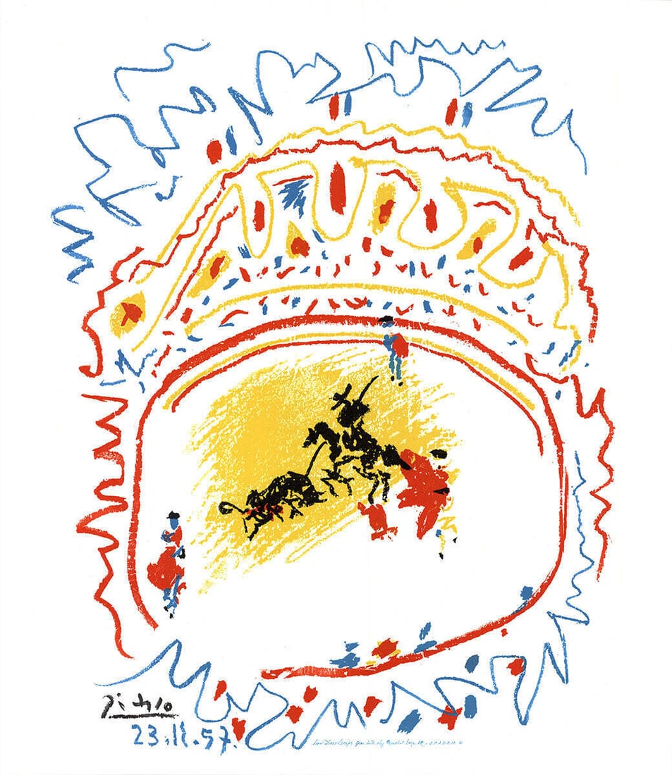 CUBISM PICASSO 1982 LITHOGRAPH TAUROMACHIE: CUBISM PICASSO 1982 LITHOGRAPH TAUROMACHIE Cubist masterpiece. This 1982 lithograph print, titled Tauromachie, showcases Picasso's innovative style and artistic vision. Measuring 27 x 23.5 inches, it 
