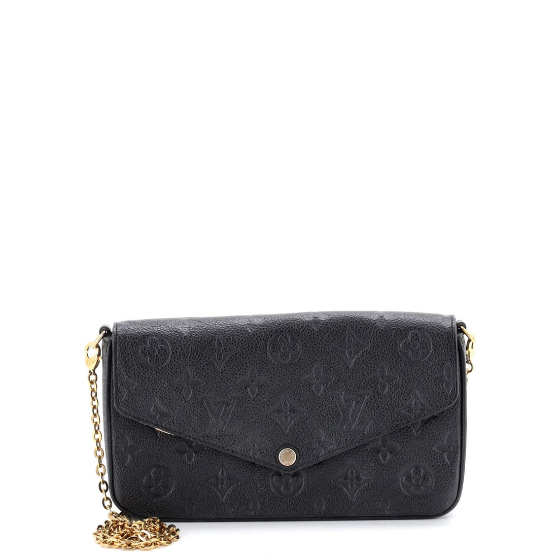 Monogram Empreinte Leather Pochette Felicie Louis Vuitton: Monogram Empreinte Leather Pochette Felicie Louis Vuitton The Louis Vuitton Felicie Pochette Monogram Empreinte Leather Cross Body Bag features a classic black exterior with heavy corner wear and mino