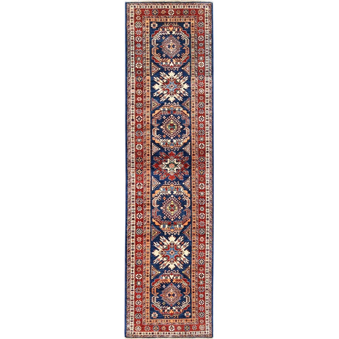 Navy blue wool hand knotted super kazak runner rug: Navy blue wool hand knotted super kazak runner rug Navy blue wool hand-knotted super kazak runner rug boasts an authentic Afghan design with intricate regional patterns. Made from high-quality wool an