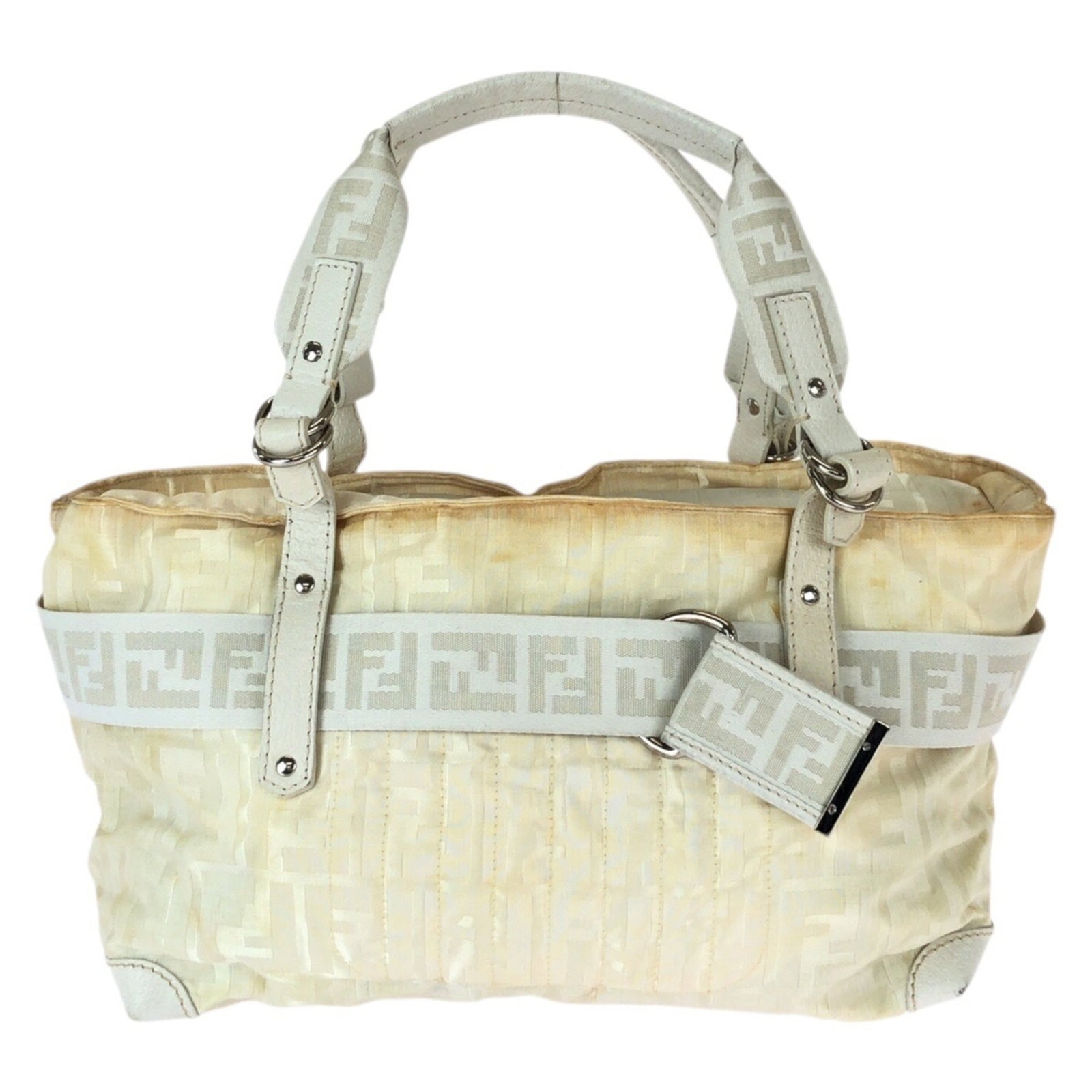 Fendi Handbag Tote Bag Nylon Leather: Fendi Handbag Tote Bag Nylon Leather Fendi's iconic nylon leather tote bag offers a stylish and versatile accessory for everyday use. With its off-white color and classic design, this handbag features