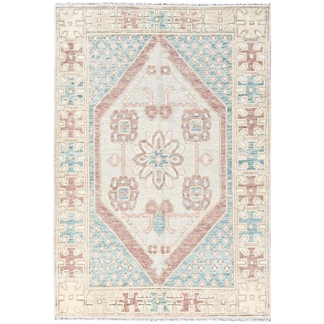 Blue Anatolian village design hand knotted wool rug zero pile 48x610 inches: Blue Anatolian village design hand knotted wool rug zero pile 48x610 inches Blue Anatolian village design hand knotted wool rug zero pile measures 48x610 inches and features a rectangular field with m