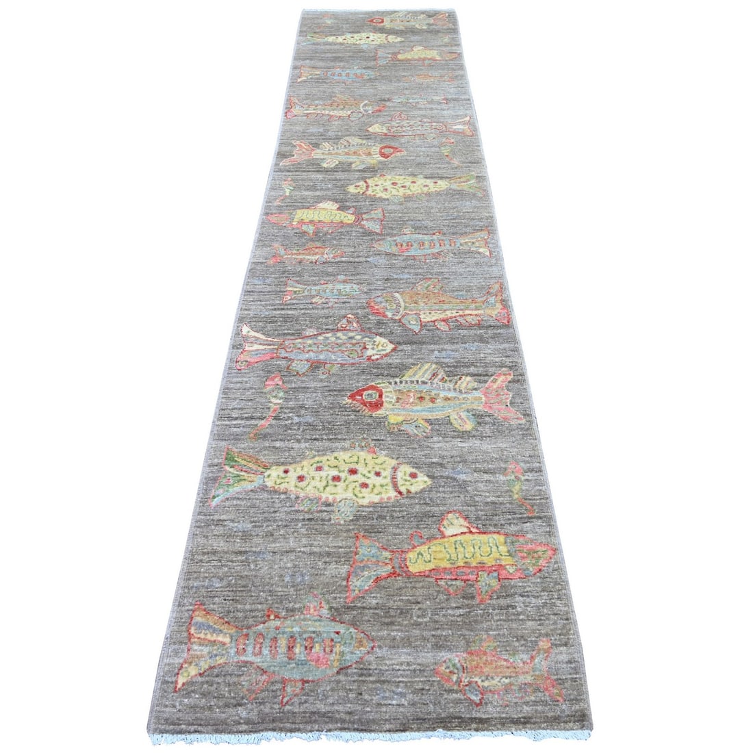 Brown Peshawar Fish 2'6"x11'6" Wool Soft Hand Knotted Runner Rug: Brown Peshawar Fish 2'6"x11'6" Wool Soft Hand Knotted Runner Rug Brown Peshawar Fish Hand-Knotted Wool Runner Rug features an intricate animal print design in rich brown hues. Made from high-quality w