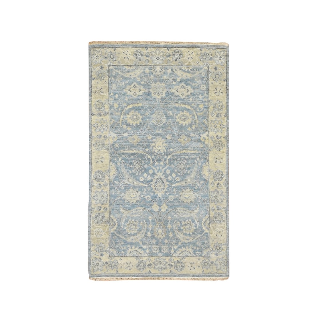 Blue Ruddy Pure Wool Leaf Sickle Hand Knotted Pile Zero Rug: Blue Ruddy Pure Wool Leaf Sickle Hand Knotted Pile Zero Rug Blue Ruddy Pure Wool Leaf Sickle Hand Knotted Pile Zero Rug - This stunning hand-knotted wool rug boasts an all-over blue field with intrica