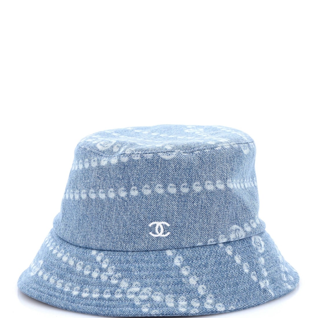 Denim Bucket Logo Printed Denim Mood Chanel: Denim Bucket Logo Printed Denim Mood Chanel Blue denim bucket hat with logo printed on exterior from Denim Mood, featuring iconic Chanel brand. Made from high-quality denim and cotton materials, this 