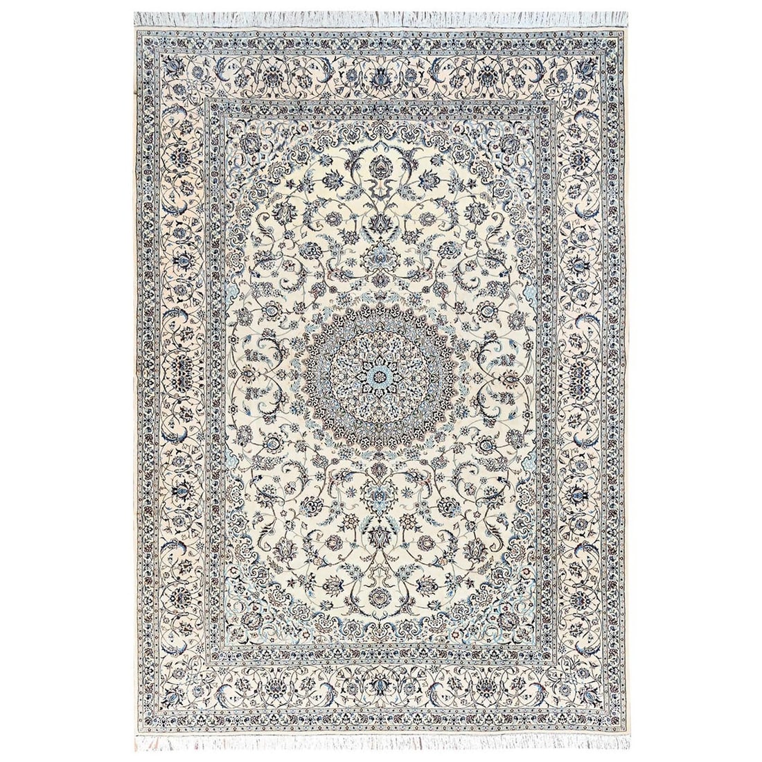 Ivory Zoroastrian Nain wool silk hand knotted rug 400 KPSI: Ivory Zoroastrian Nain wool silk hand knotted rug 400 KPSI The Ivory Zoroastrian Nain wool silk hand knotted rug boasts an exquisite medallion pattern in ivory and subtle accents of midnight blue,