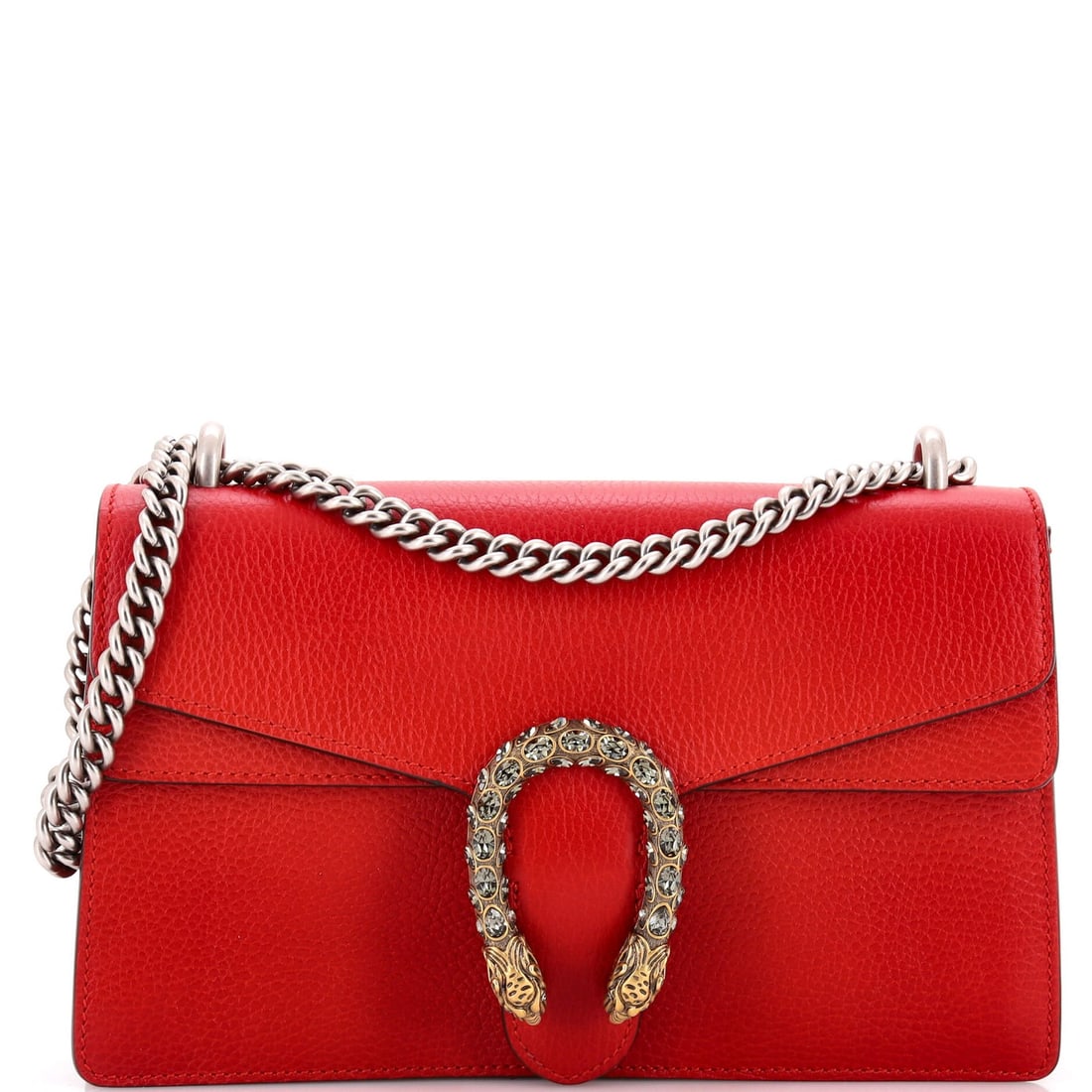 Small leather bag Gucci Dionysus: Small leather bag Gucci Dionysus The Gucci Dionysus Small Leather Bag boasts a striking red exterior with scuffs and minor discoloration, adding a touch of worn elegance to its classic design.