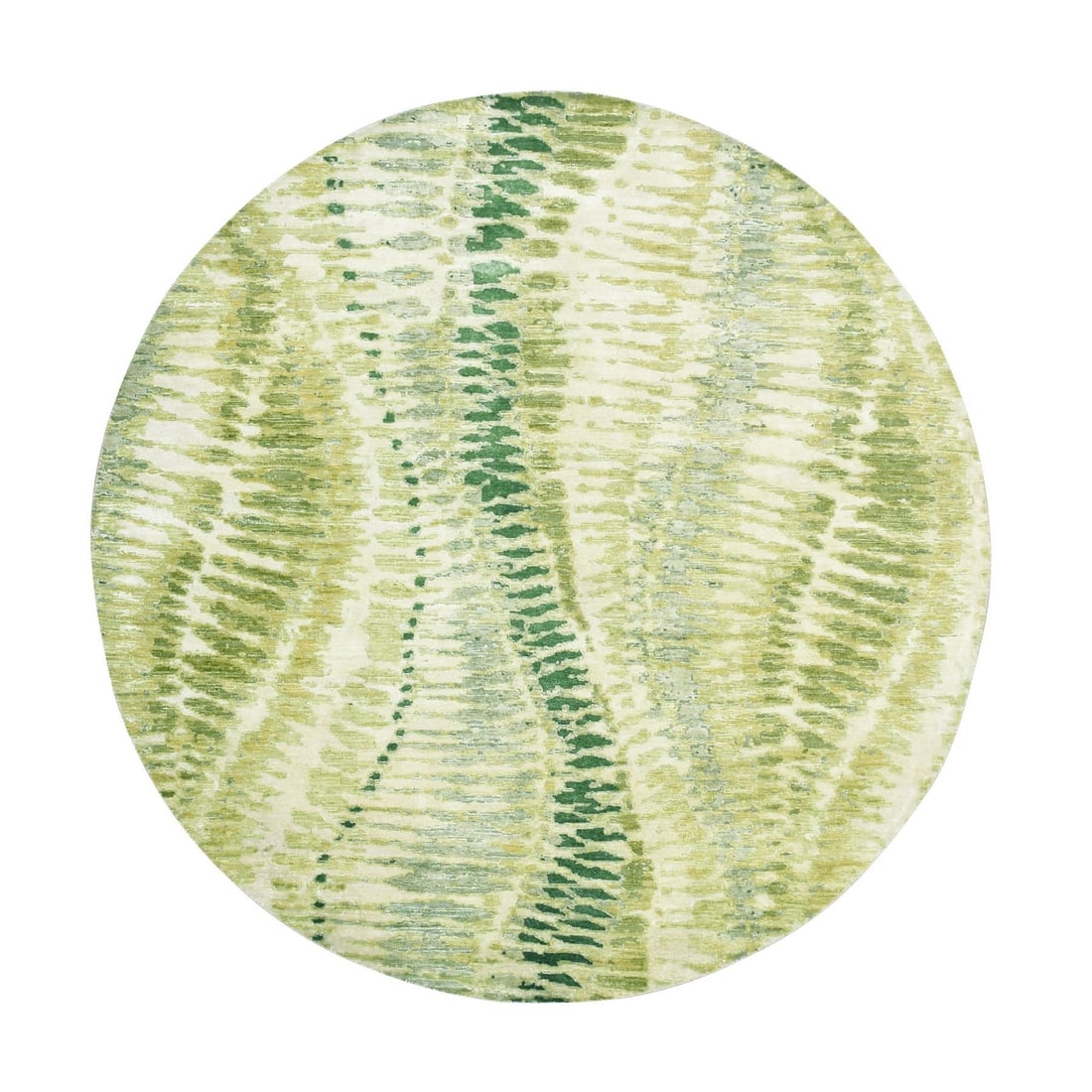 Silk Hand Knotted Round Rug With Swamp Green Crocodile: Silk Hand Knotted Round Rug With Swamp Green Crocodile Silk hand-knotted and intricately woven with vibrant swamp green crocodile motifs, this stunning round rug boasts an authentic Indian regional