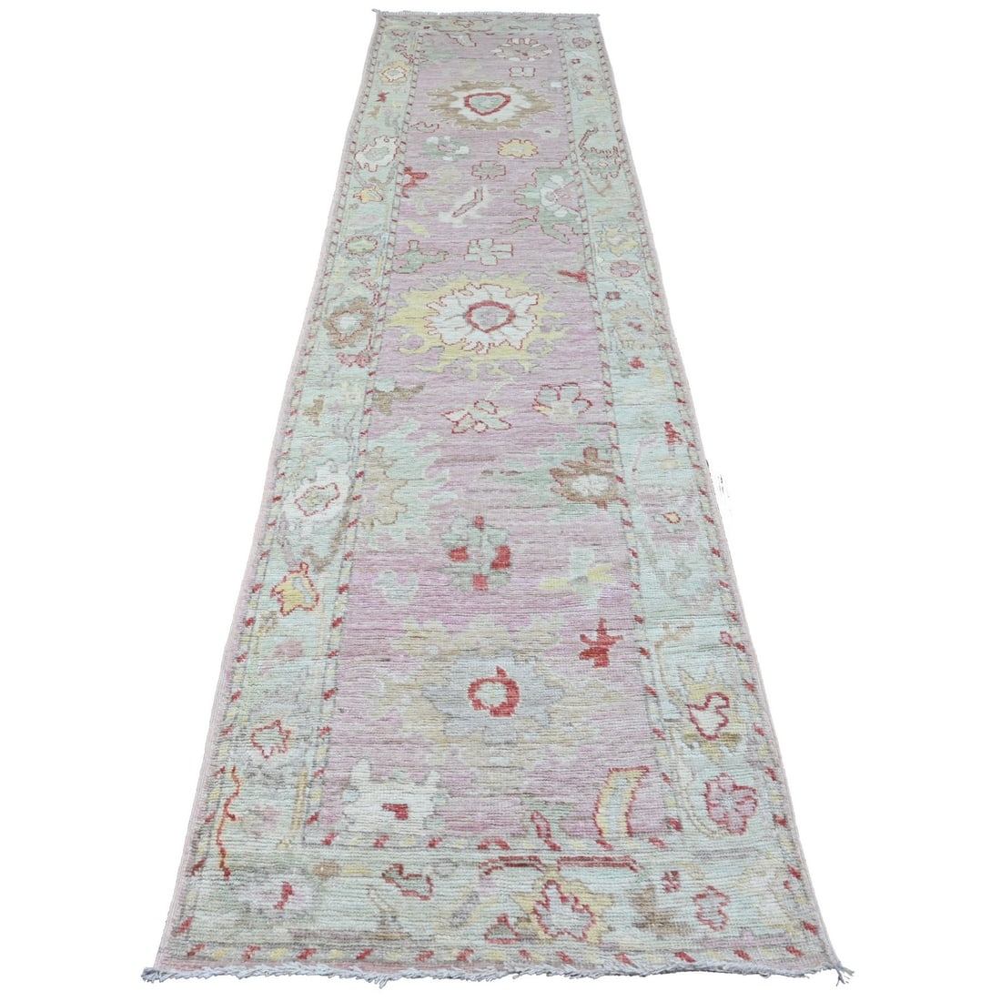 Pink Wool Oushak Leaf Design Hand Knotted 211/ 77" Angora Rug Runner: Pink Wool Oushak Leaf Design Hand Knotted 211/ 77" Angora Rug Runner Hand-knotted in vibrant pink wool, this stunning Oushak-style runner boasts an intricate leaf design that adds a touch of elegance 