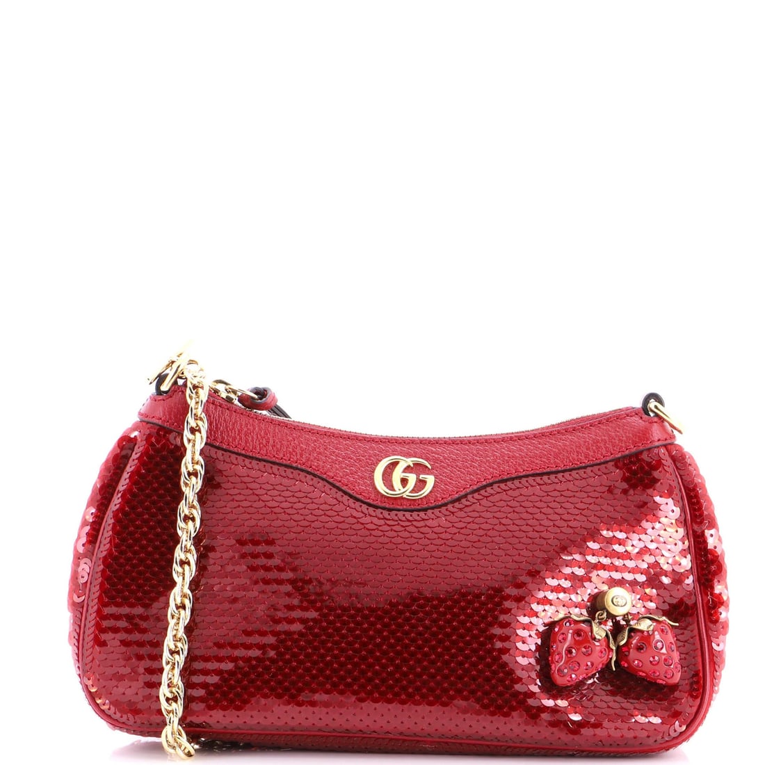 Ophidia sequin bag small for sale: Ophidia sequin bag small for sale Red sequin exterior and pink interior make this small Ophidia shoulder bag a bold statement piece. Minor edge wear, corner wear, and scuffs on the exterior give it a 