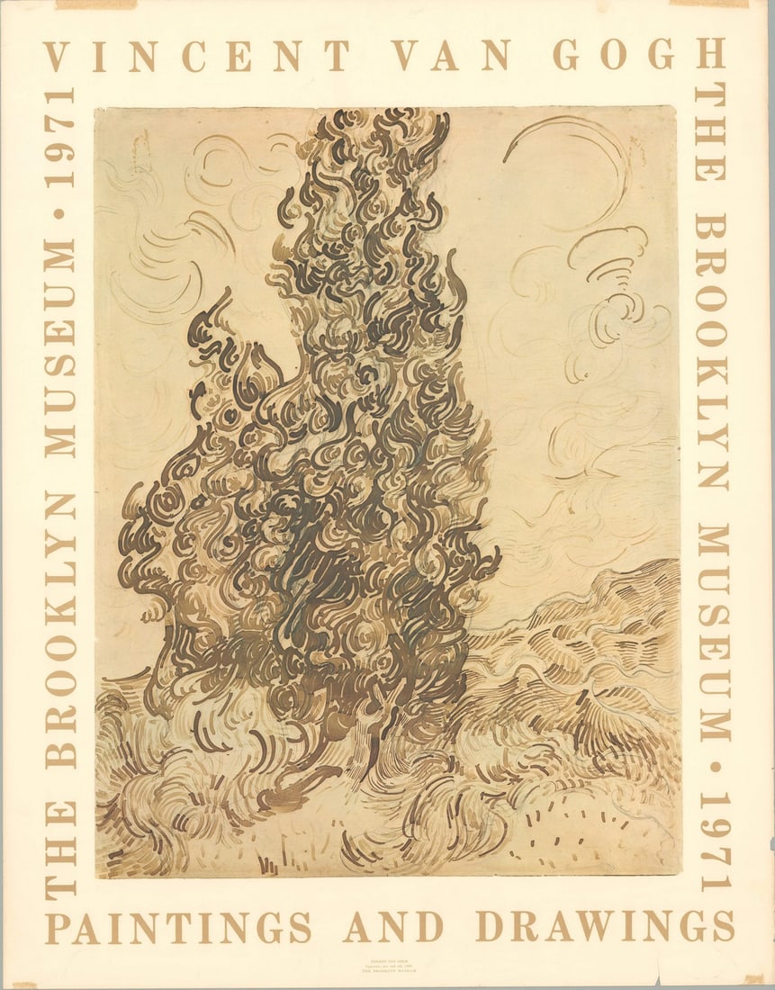 VAN GOGH Cypresses 29.5" x 23" Offset Lithograph 1971 Impressionist: VAN GOGH Cypresses 29.5" x 23" Offset Lithograph 1971 Impressionist 29.5" x 23" Offset Lithograph from 1971's Impressionist Masterpiece, 'Cypresses'. This stunning piece, created by Vincent van Gogh, 