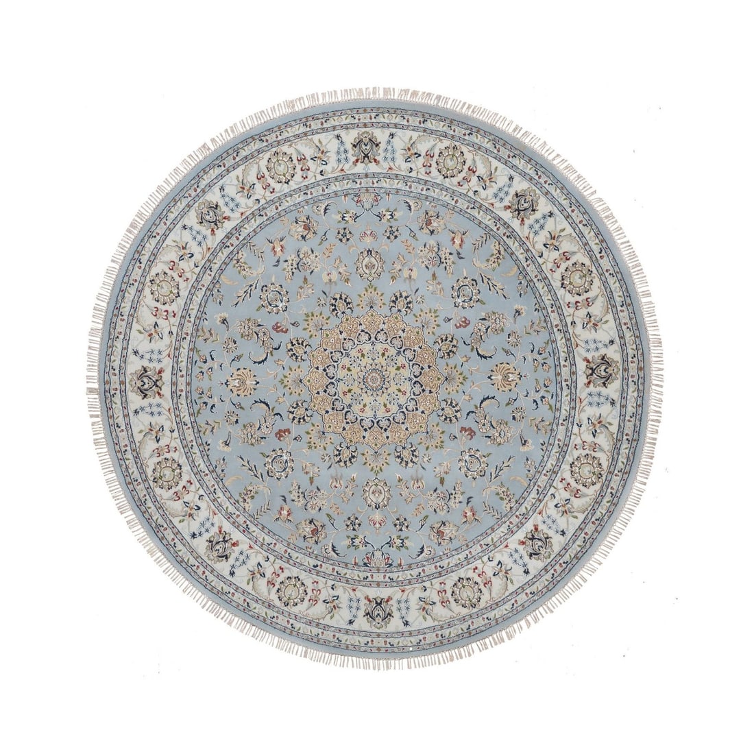 Light blue rug: Light blue rug Light blue wool and silk hand-knotted medallion Nain rug from India. This beautifully crafted round field design features intricate patterns in shades of blue, green, brown, white, navy
