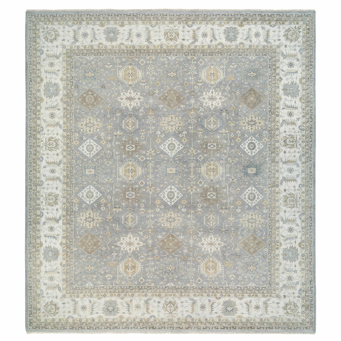 Hand knotted oversized gray wool rug 16x14 feet: Hand knotted oversized gray wool rug 16x14 feet Oversized gray wool rug, measuring 16x14 feet, boasts an impressive size and substantial material. Made from 100% wool, this hand-knotted rug offers a
