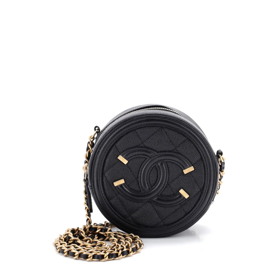 Caviar mini quilted clutch chain round filigree: Caviar mini quilted clutch chain round filigree The Caviar mini quilted clutch chain round filigree features an all-black leather exterior with intricate quilted patterns and a delicate chain detail. 