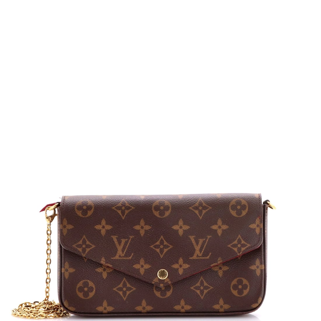 Monogram Canvas Pochette Felicie Louis: Monogram Canvas Pochette Felicie Louis The Louis Vuitton Felicie Pochette Monogram Canvas Exterior Material: Canvas Coated exterior in brown, with a pochette card holder and gold hardware. This cross-