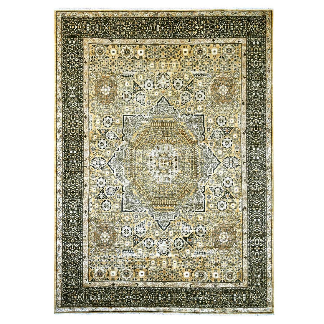 Brown wool rug hand knotted brown 10' x 13' 14th century mamluk dynasty pattern: Brown wool rug hand knotted brown 10' x 13' 14th century mamluk dynasty pattern The 14th century Mamluk dynasty patterned brown wool rug boasts an intricate medallion design, showcasing the rich cultu