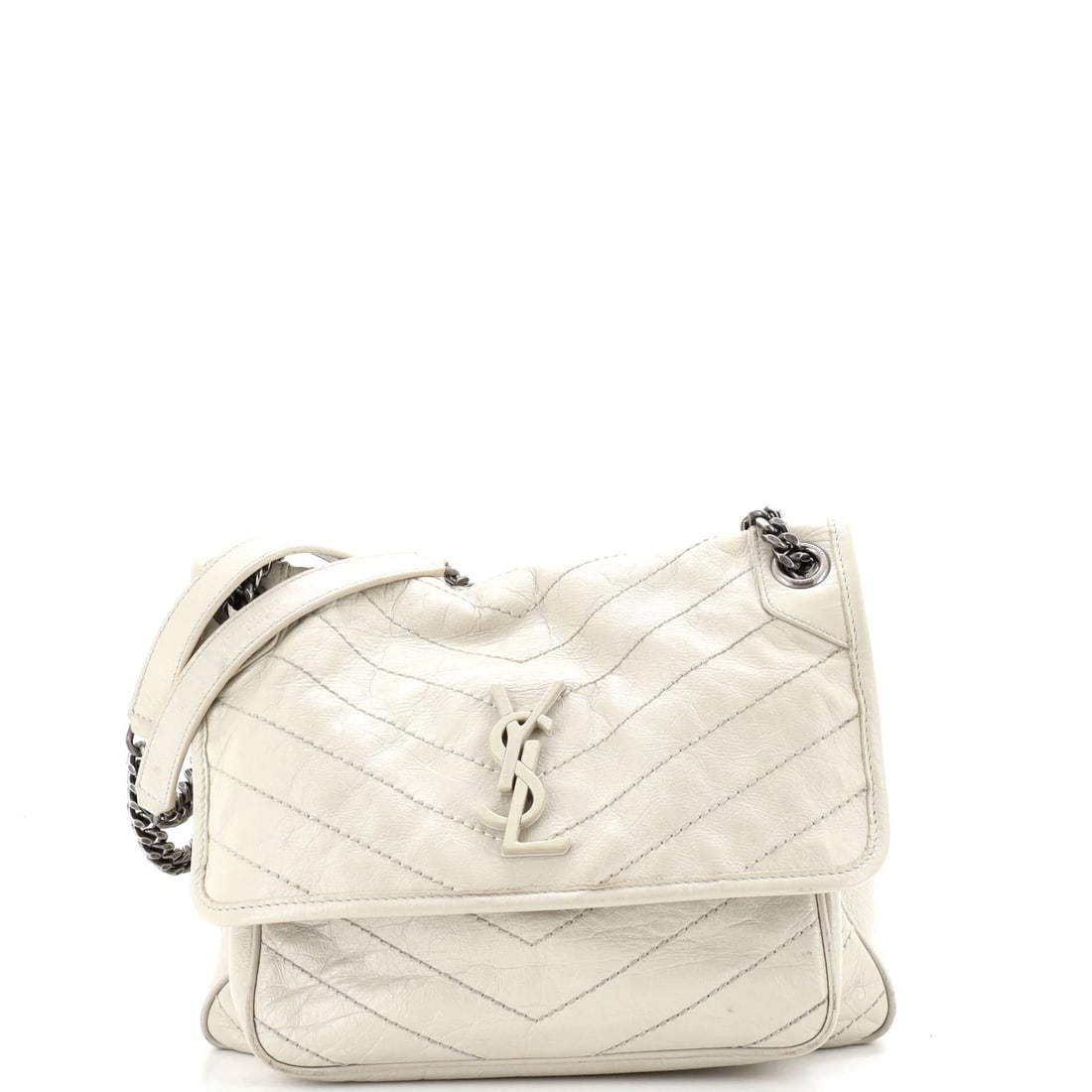Saint Laurent Niki Flap Matelasse Chain Leather Bag Chevron Medium: Saint Laurent Niki Flap Matelasse Chain Leather Bag Chevron Medium The Saint Laurent Niki Flap Matelasse Chain Leather Bag Chevron Medium boasts a striking neutral exterior with subtle wear and scuffs