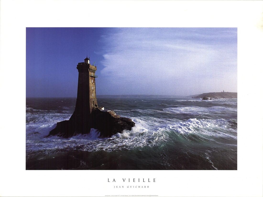 Offset Lithograph by Jean Guichard 1999: Offset Lithograph by Jean Guichard 1999 Offset Lithograph by Jean Guichard, 1999. This stunning seascape print, titled La Vielle, showcases the artist's skill in capturing the beauty of the ocean. Mea