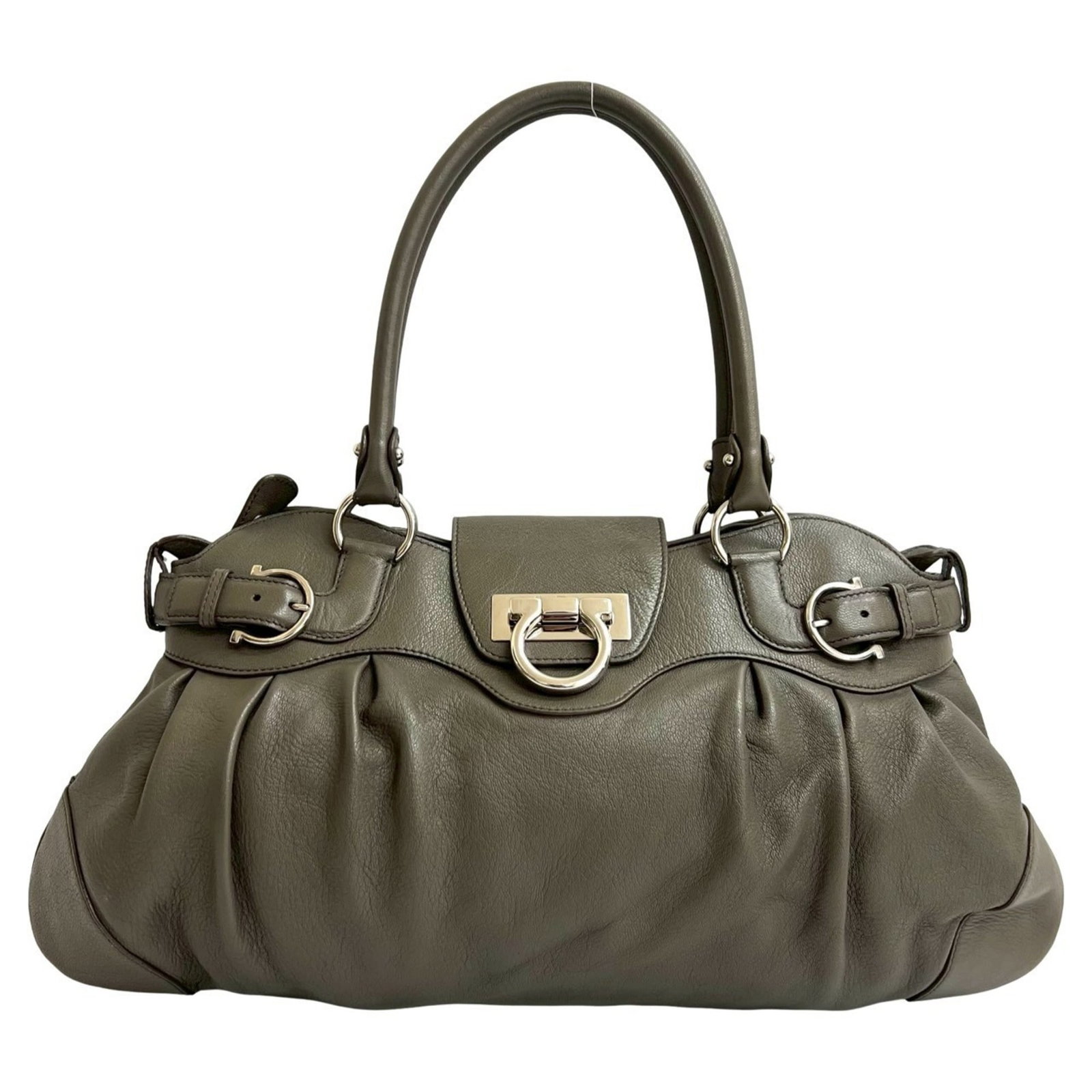 Salvatore Ferragamo Boston Bag Handbag Leather: Salvatore Ferragamo Boston Bag Handbag Leather The Salvatore Ferragamo Boston Bag Handbag Leather features a timeless gray leather design with subtle scratches and dirt. Made from high-quality