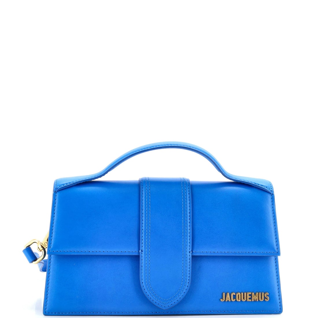 Leather flap bag bambino grand jacquemus: Leather flap bag bambino grand jacquemus The Jacquemus Leather Flap Bag Le Grand Bambino boasts a striking blue exterior with heavy edge wear and scuffs. Measuring 4.5" in height and 9" in width,