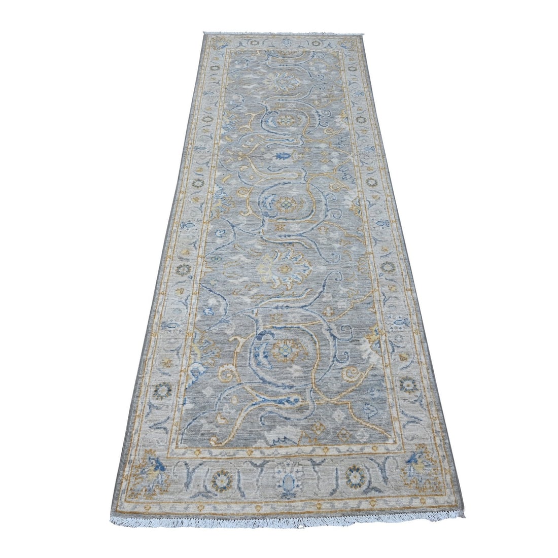 Peshawar oriental hand knotted gray runner 2'8"x7'10" all over design: Peshawar oriental hand knotted gray runner 2'8"x7'10" all over design The Peshawar oriental hand-knotted gray runner boasts an all-over design in a stunning blend of beige, ivory, and light blue hues.