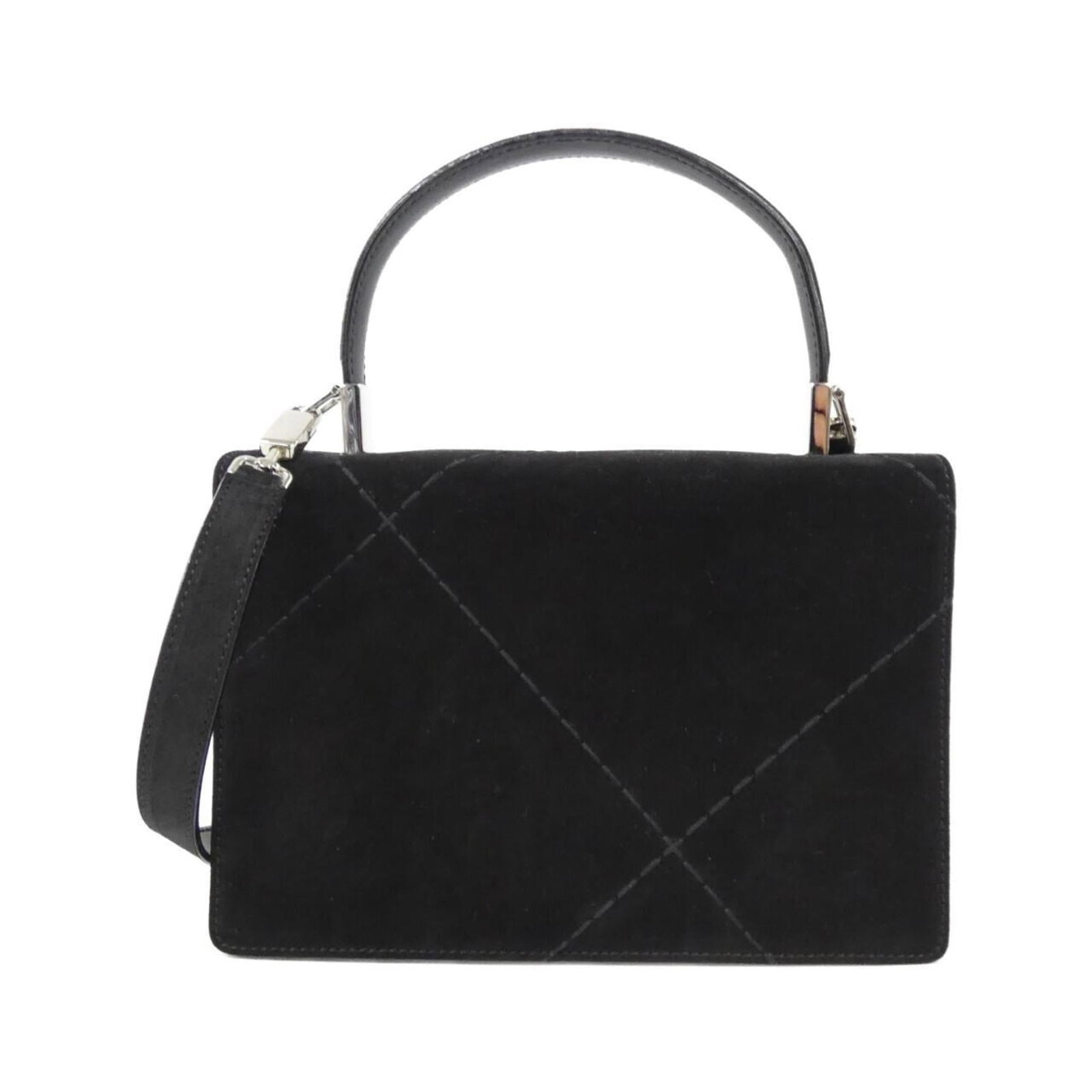 Salvatore Ferragamo Handbag Suede: Salvatore Ferragamo Handbag Suede The Salvatore Ferragamo suede handbag boasts sleek black leather with silver hardware, its understated elegance making it a timeless accessory. Measuring 13cm x 19cm