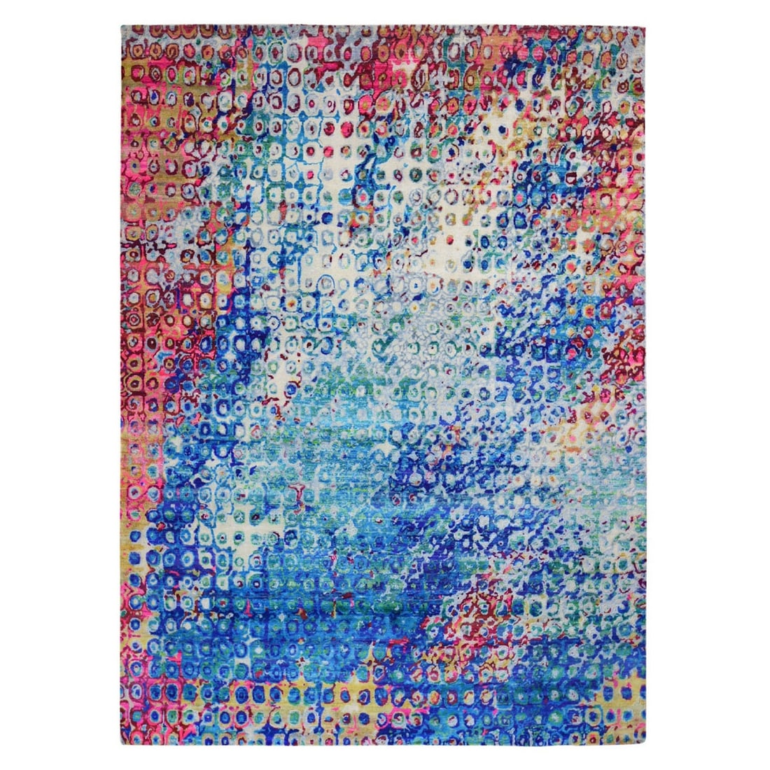 Silk Peacock Sari 9'12' Hand Knotted Oriental Rug: Silk Peacock Sari 9'12' Hand Knotted Oriental Rug Silk Peacock Sari Hand Knotted Oriental Rug boasts an intricate blue field with an ornate Oriental regional design. This stunning piece features a rec