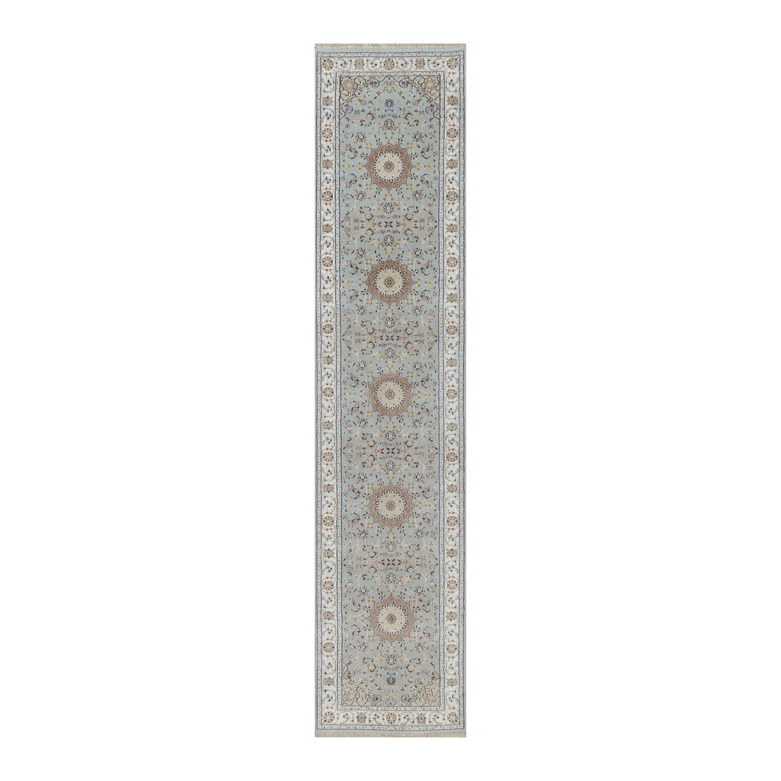 Blue Beau 250 Wool Silk Hand Knotted Beau Runner Rug: Blue Beau 250 Wool Silk Hand Knotted Beau Runner Rug The Blue Beau 250 Wool Silk Hand Knotted Beau Runner Rug boasts an exquisite medallion pattern in rich blue hues, woven from a luxurious blend of w