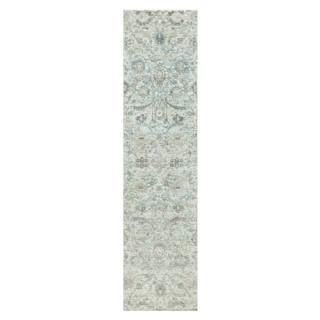 White Futon Hand Knotted Silk Wool Sickle Leaf Runner Rug: White Futon Hand Knotted Silk Wool Sickle Leaf Runner Rug The White Futon Hand Knotted Silk Wool Sickle Leaf Runner Rug boasts an intricate Flatweave design featuring a subtle Oriental pattern. Made f