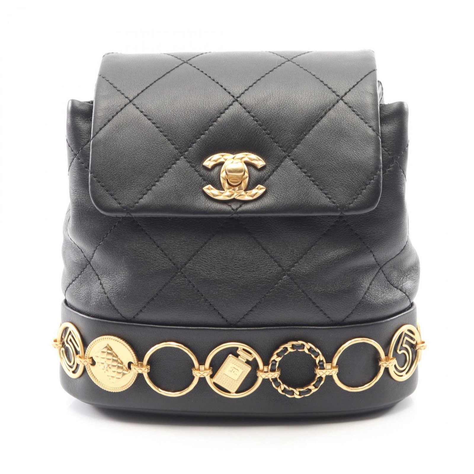 Chanel Backpack Handbag Leather: Chanel Backpack Handbag Leather Black lambskin Chanel backpack with gold hardware, featuring a classic design and premium leather construction. This used handbag has some minor scratches and dirt, but