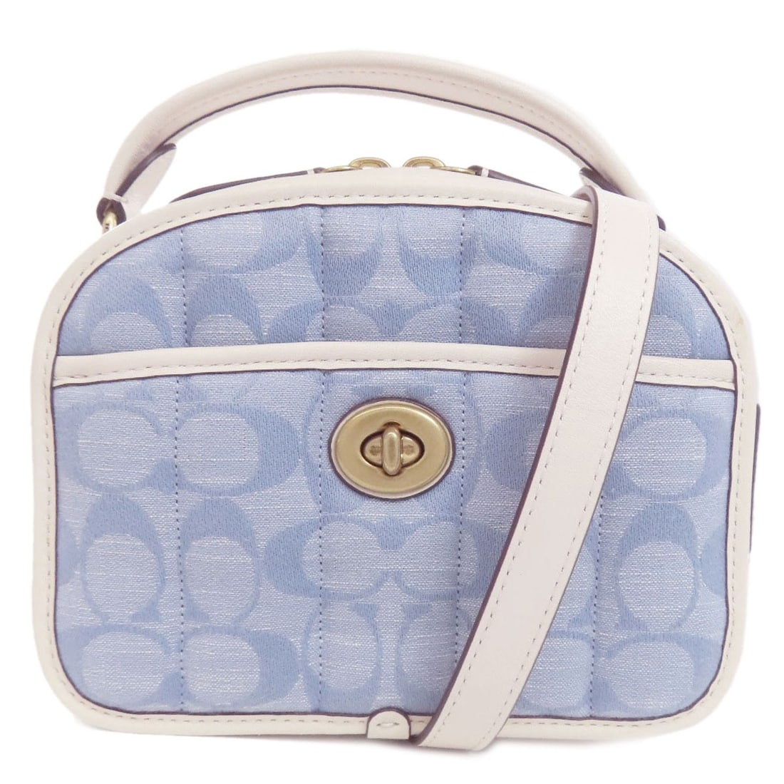 Signature 2 Way Handbag Denim Leather Coach: Signature 2 Way Handbag Denim Leather Coach Signature 2 Way Handbag Denim Leather Coach. This unique handbag features a striking white and blue denim exterior with a signature that bears a mark of aut