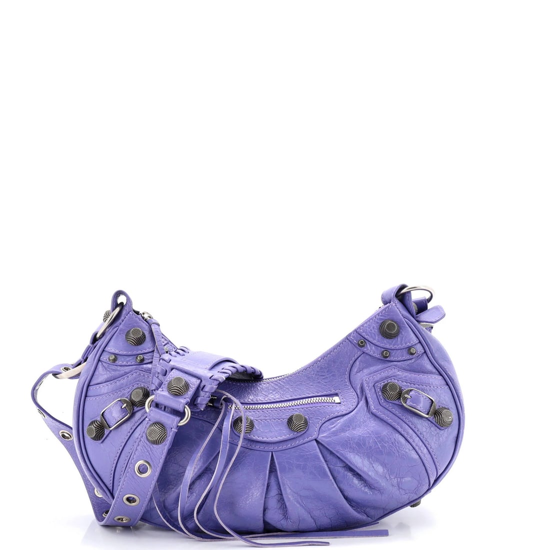 Small leather shoulder bag studs Giant le cagole from Balenciaga: Small leather shoulder bag studs Giant le cagole from Balenciaga Small leather shoulder bag studs from Balenciaga's iconic Le Cagole Giant collection. This vibrant purple exterior features minor scrat