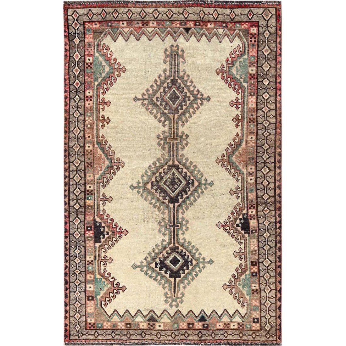 Ivory Vintage Sheeraz Wool Cropped Rug Hand KNOTTED: Ivory Vintage Sheeraz Wool Cropped Rug Hand KNOTTED Hand-knotted in rich ivory wool, this vintage Zoroastrian-style rug boasts an intricate medallion pattern against a soft gray border. Measuring 76" 