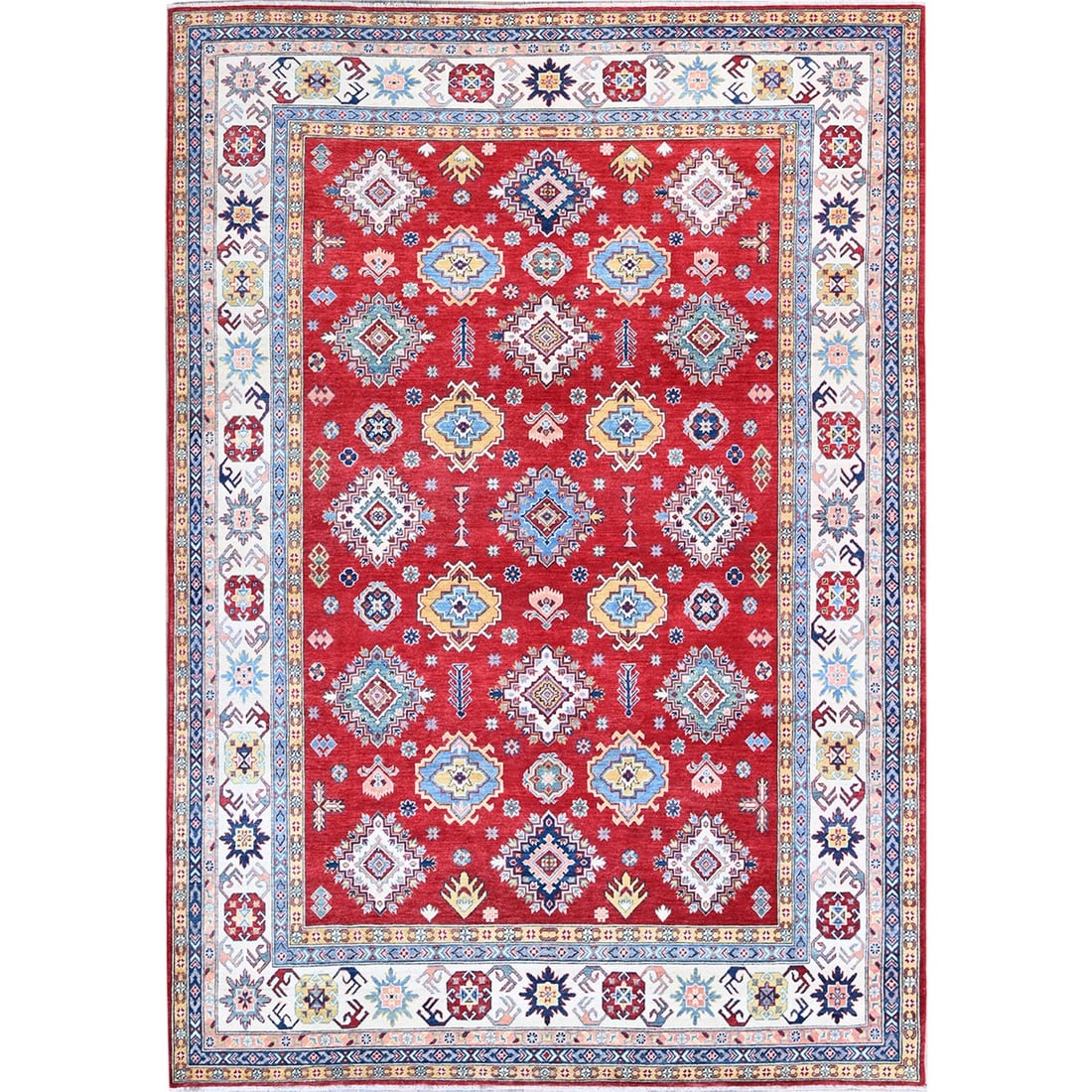 Chili Red Kazak with Geometric Pattern Rug 83HandKnotted Soft Wool: Chili Red Kazak with Geometric Pattern Rug 83HandKnotted Soft Wool Soft and vibrant, this Chili Red Kazak rug boasts an eye-catching geometric pattern in rich red hues against a neutral background. Ha