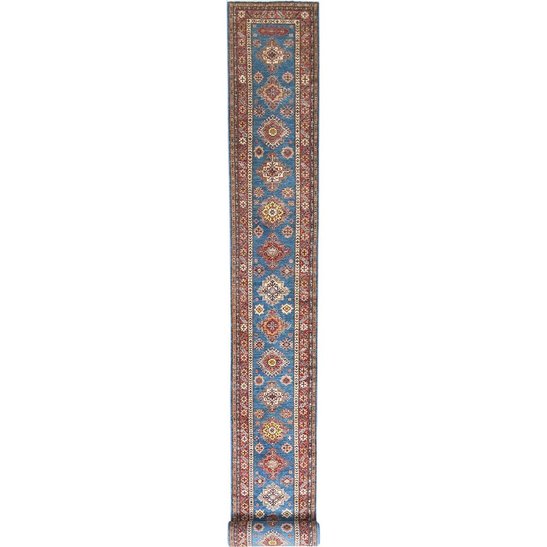 Afghan Kazak Wool Hand Knotted Runner Rug Blue 2'9"x40'6 (1 of 7)