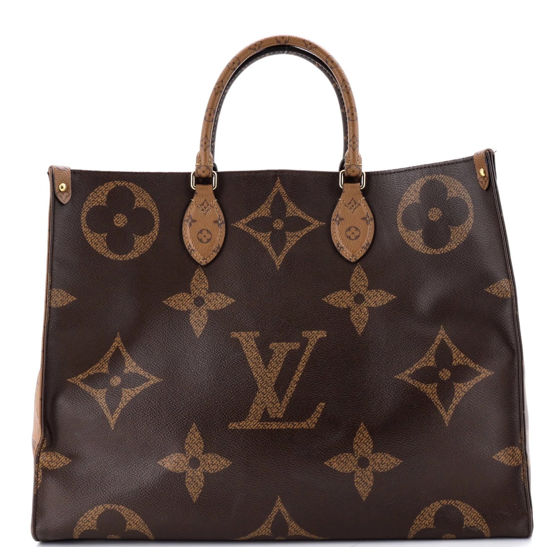 Tote OnTheGo Giant Reverse Monogram Louis: Tote OnTheGo Giant Reverse Monogram Louis Tote OnTheGo Giant Reverse Monogram Louis in brown canvas-coated exterior and red fabric interior. This classic tote features a prominent reverse monogram gia