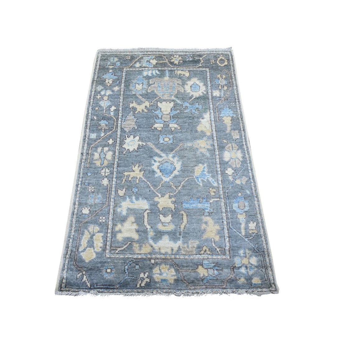 Pewter gray wool rug hand knotted afghan angora oushak leaf design: Pewter gray wool rug hand knotted afghan angora oushak leaf design The Oushak-style rug boasts a stunning pewter gray wool construction with intricate leaf design in an elegant floral pattern. Hand-kn